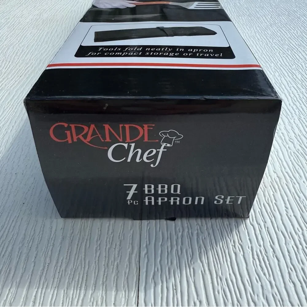 7pc BBQ Grill Tool Set With Apron Grande Chef Barbecue Grilling Utensils Kit NEW